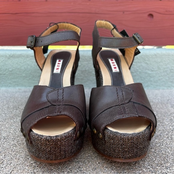 NWT $995~MARNI~Brown Leather/Tweed Peep-Toe Platform Wedge Heel Sandals~6.5/7/37 - Picture 7 of 13